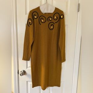 Steve Fabrikant Neiman Markus Mustard Dress with Black Swirl Design Medium